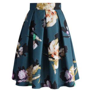 Chicwish teal floral pleated midi skirt